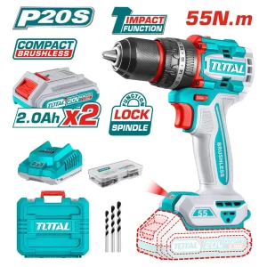 Taladro Percutor Y Atornillador Inalámbrico Total 55nm Con 2 Baterías 2.0Ah